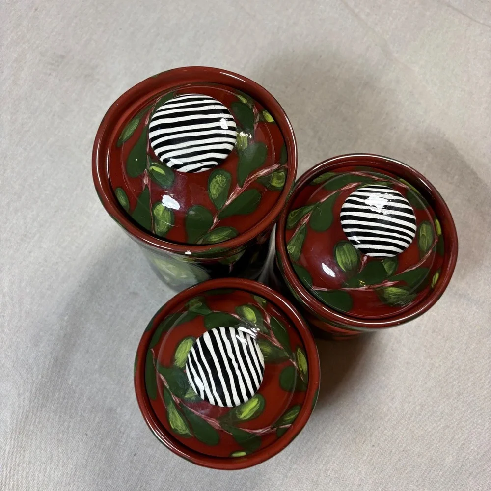Droll Designs Hand Painted Ceramic Fruit Canister Set 3pc Cottage core Dark